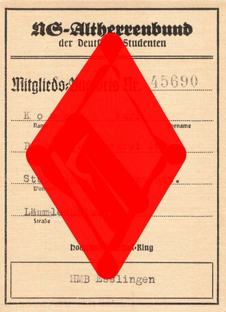 Nationalsozialistischer Altherrenbund der Deutschen Studenten, Mitgliedsausweis datiert 1938 eines Herren aus Stuttgart